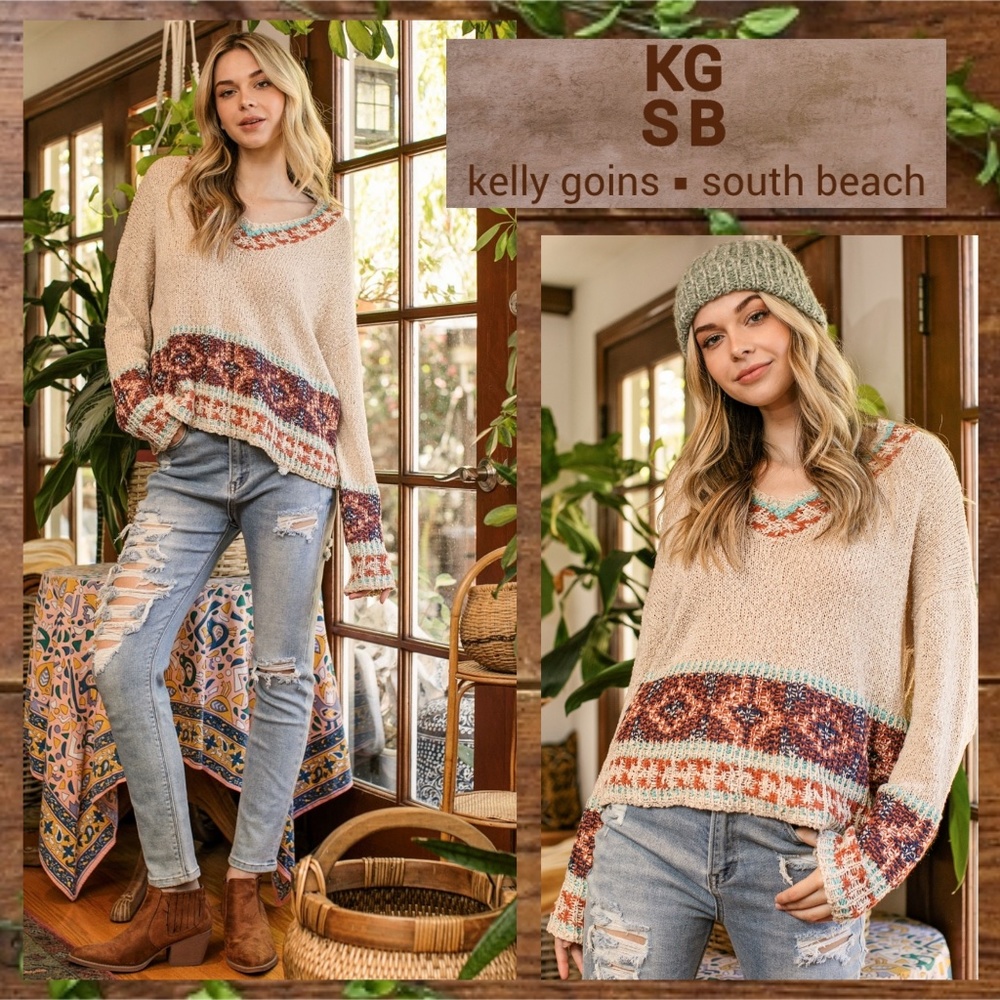 KGSB Collection Inside Out Woven Aztec Western Design Lightweight V-Neck Sweater
